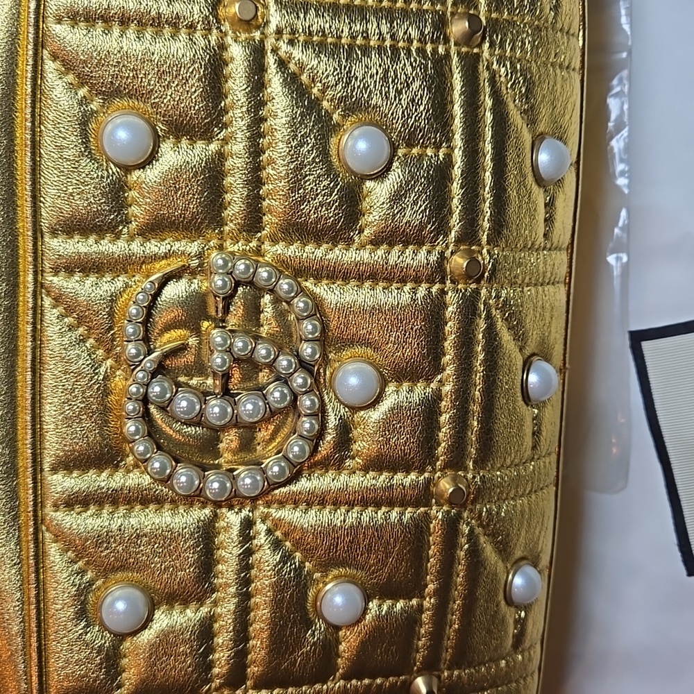 GUCCI Shoulder Bag GG Marmont Leather Faux Pearl Gold 447632  - COA Included - Picture 12 of 16